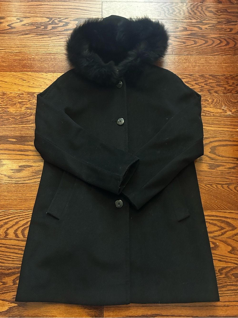 Ellen Tracy Black Wool Pea Coat with Fur-Trim Hood